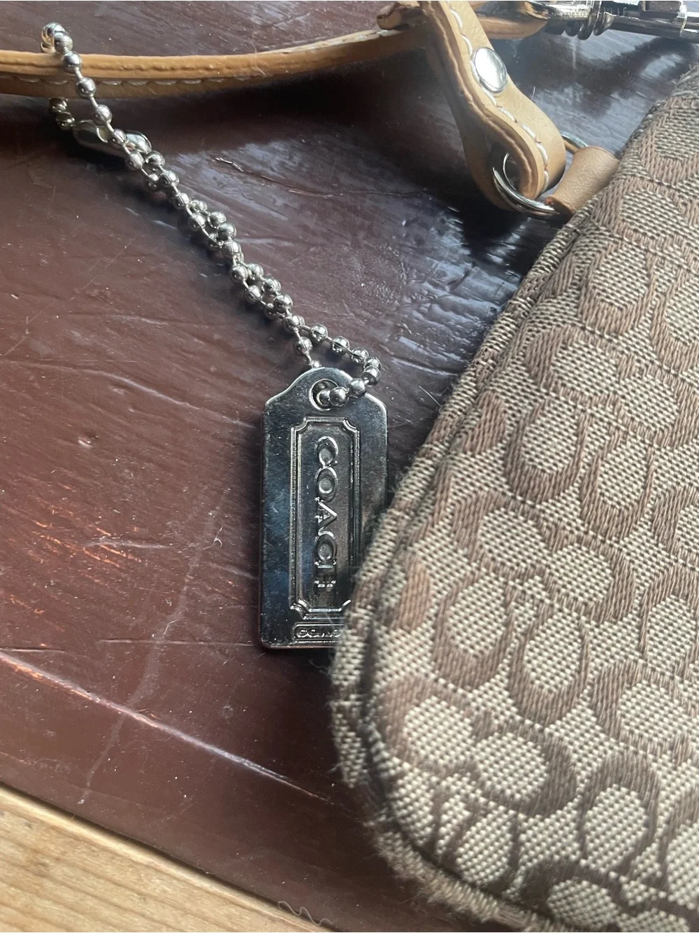 Coach Brown Signature Canvas Wristlet with Tan Leather Patch